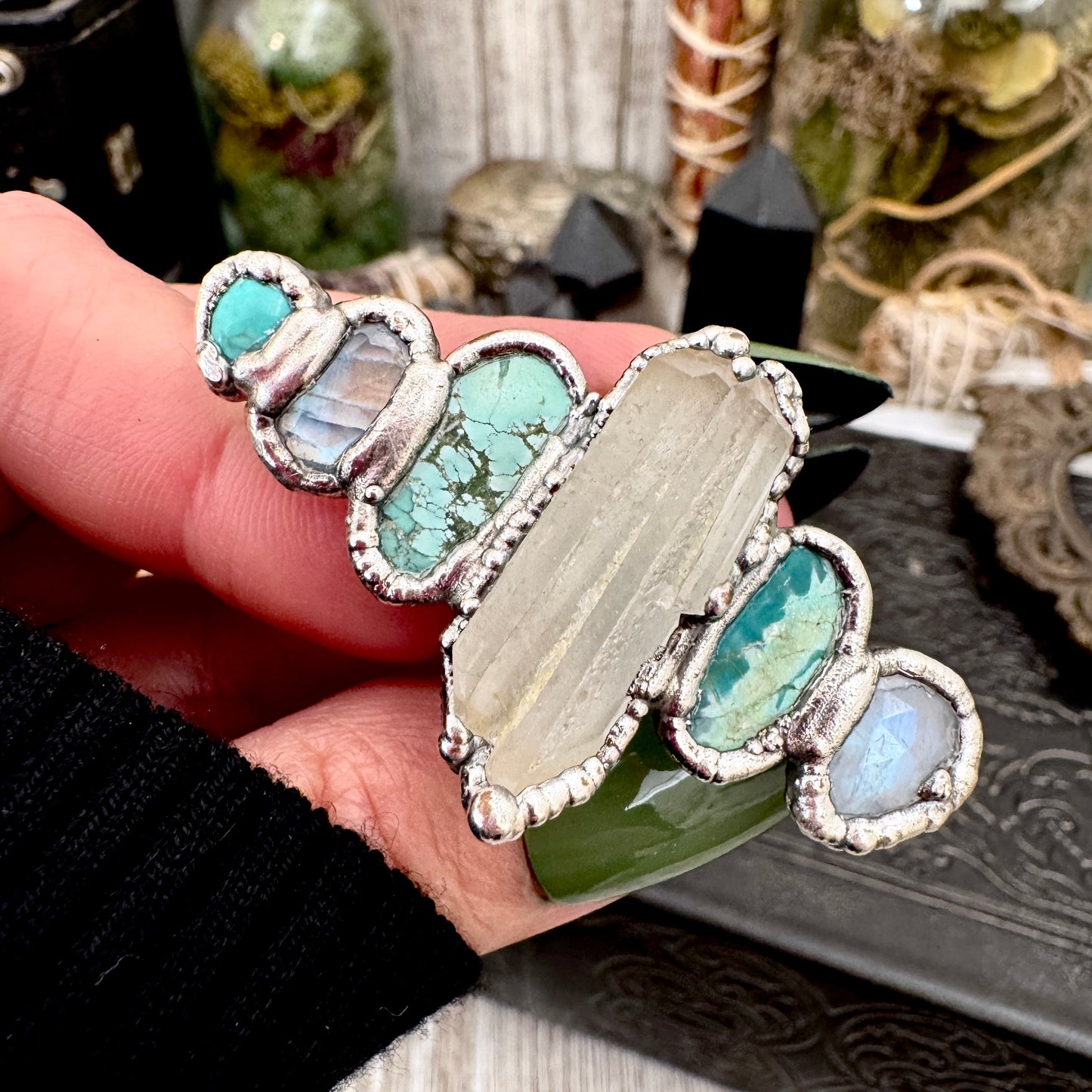 Multi Stone Turquoise Rainbow Moonstone & Clear Quartz Ring In Fine Silver Size 8 / Foxlark Collection