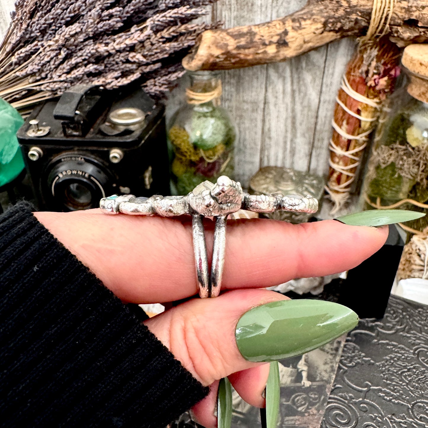 Multi Stone Turquoise Rainbow Moonstone & Clear Quartz Ring In Fine Silver Size 8 / Foxlark Collection