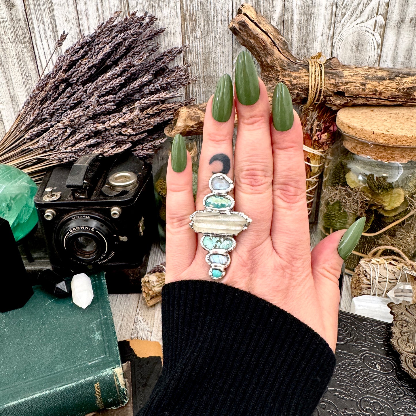 Multi Stone Turquoise Rainbow Moonstone & Clear Quartz Ring In Fine Silver Size 8 / Foxlark Collection