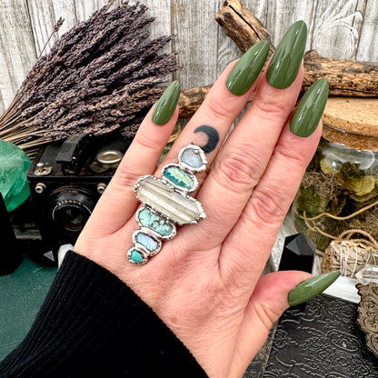 Multi Stone Turquoise Rainbow Moonstone & Clear Quartz Ring In Fine Silver Size 8 / Foxlark Collection