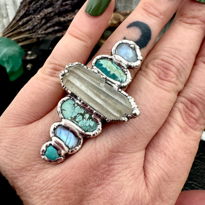 Multi Stone Turquoise Rainbow Moonstone & Clear Quartz Ring In Fine Silver Size 8 / Foxlark Collection