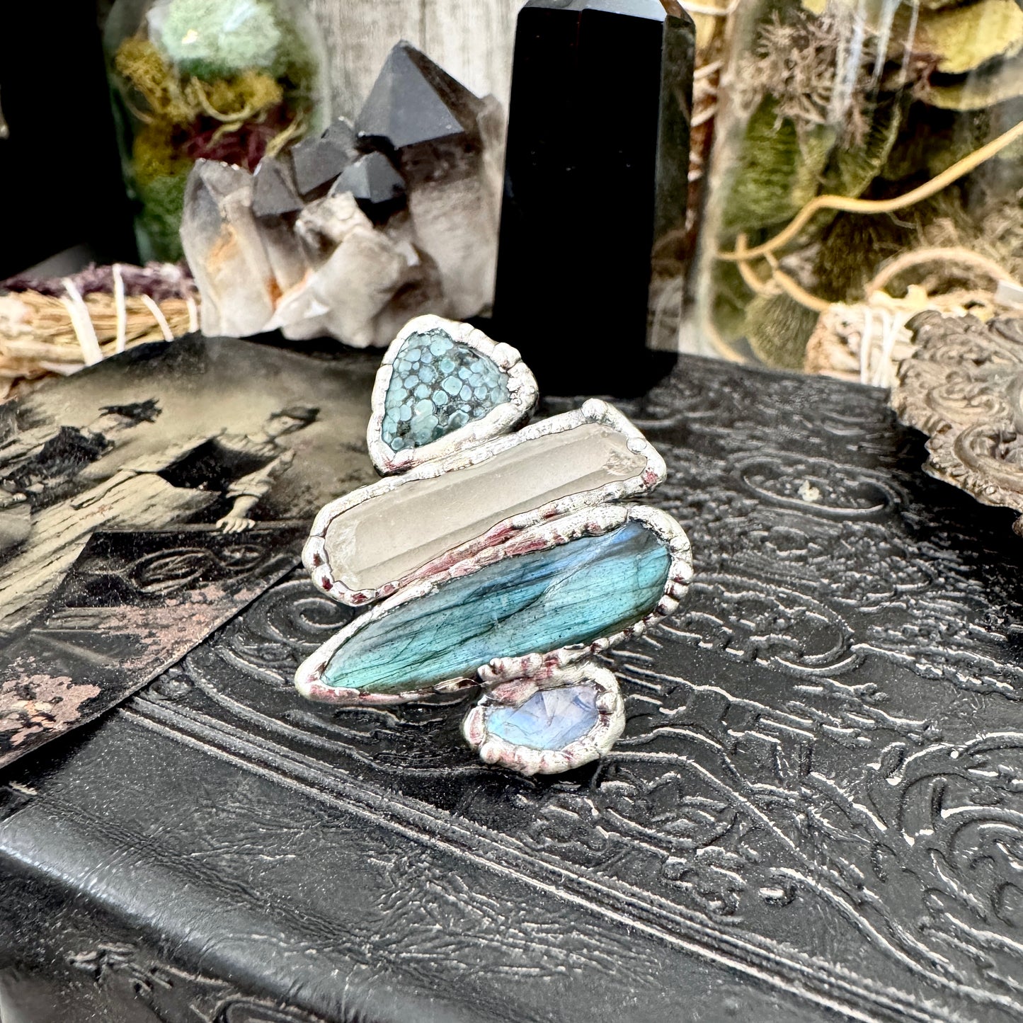 Multi Stone Turquoise Clear Quartz Labradorite & Rainbow Moonstone Ring In Fine Silver Size 8 / Foxlark Collection