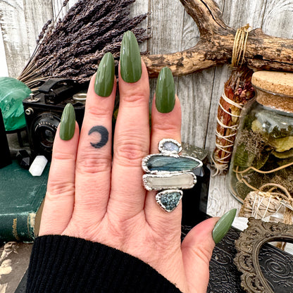 Multi Stone Turquoise Clear Quartz Labradorite & Rainbow Moonstone Ring In Fine Silver Size 8 / Foxlark Collection