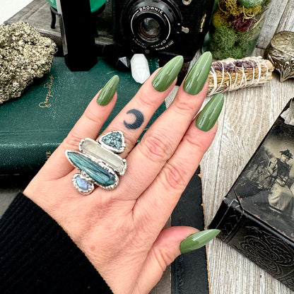 Multi Stone Turquoise Clear Quartz Labradorite & Rainbow Moonstone Ring In Fine Silver Size 8 / Foxlark Collection