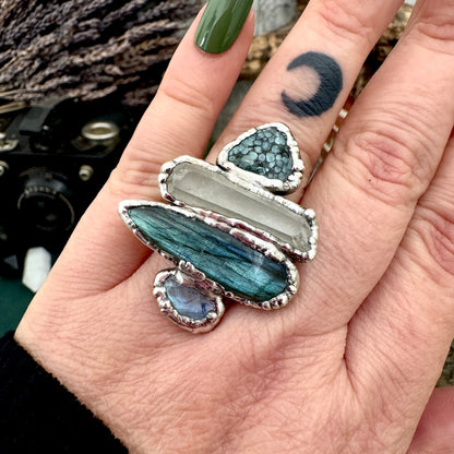 Multi Stone Turquoise Clear Quartz Labradorite & Rainbow Moonstone Ring In Fine Silver Size 8 / Foxlark Collection