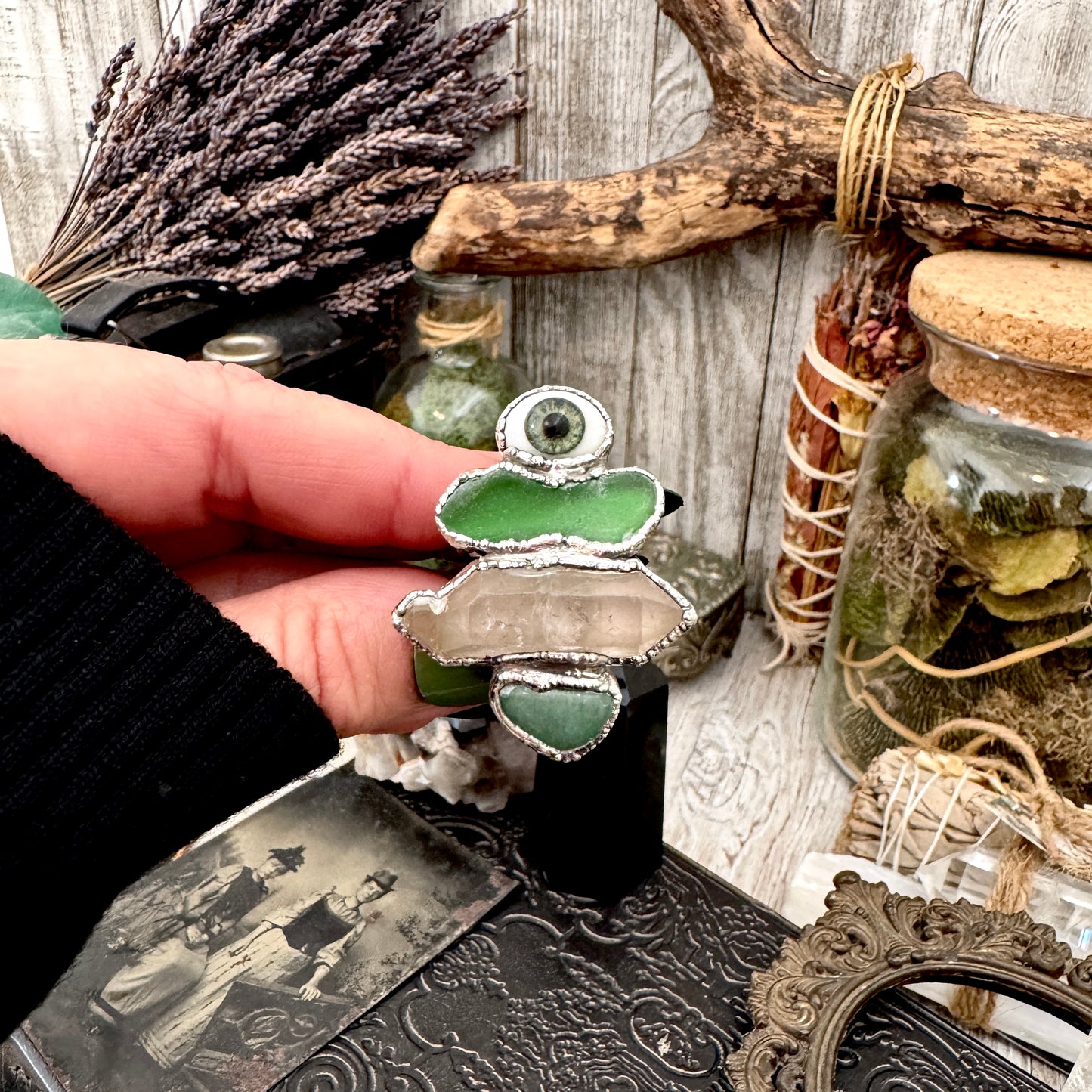 Multi Stone Glass Eye Sea Glass Clear Quartz & Aventurine  Ring In Fine Silver Size 10 / Foxlark Collection