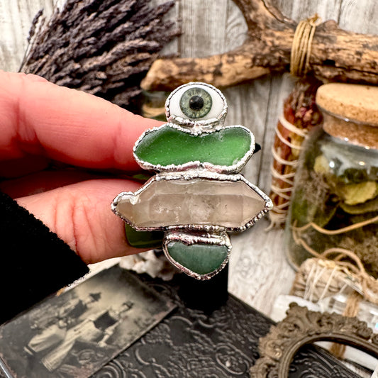 Multi Stone Glass Eye Sea Glass Clear Quartz & Aventurine  Ring In Fine Silver Size 10 / Foxlark Collection