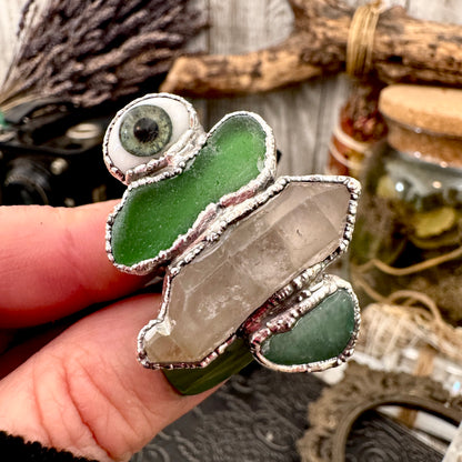 Multi Stone Glass Eye Sea Glass Clear Quartz & Aventurine  Ring In Fine Silver Size 10 / Foxlark Collection