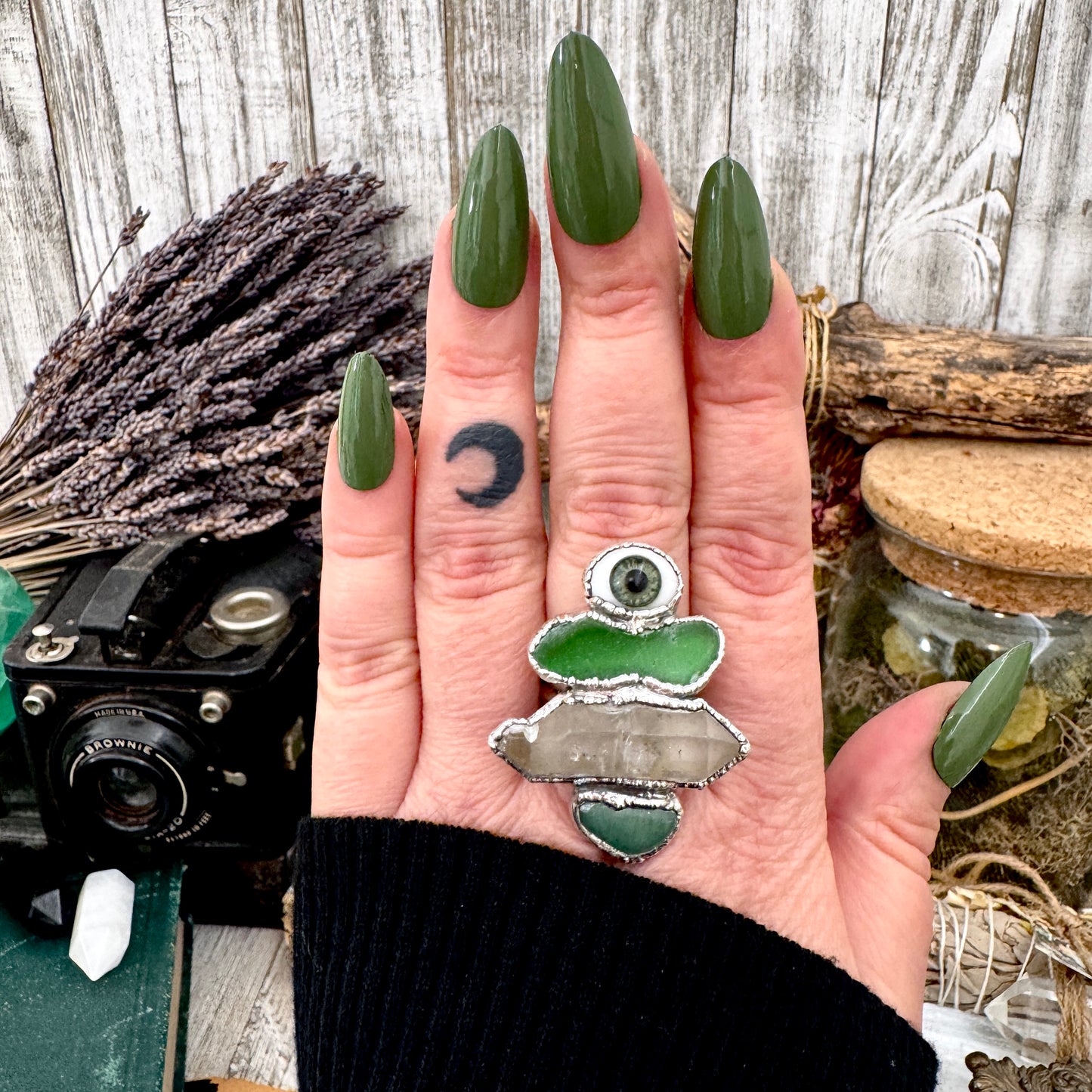 Multi Stone Glass Eye Sea Glass Clear Quartz & Aventurine  Ring In Fine Silver Size 10 / Foxlark Collection