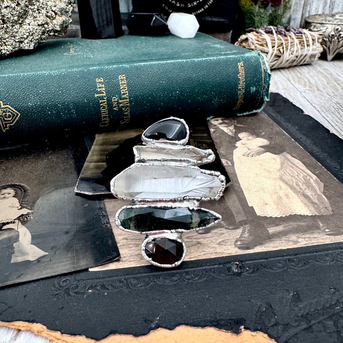 Multi Stone Black Obsidian Smoky Quartz Clear Quartz & Moss Agate Ring In Fine Silver Size 11 / Foxlark Collection