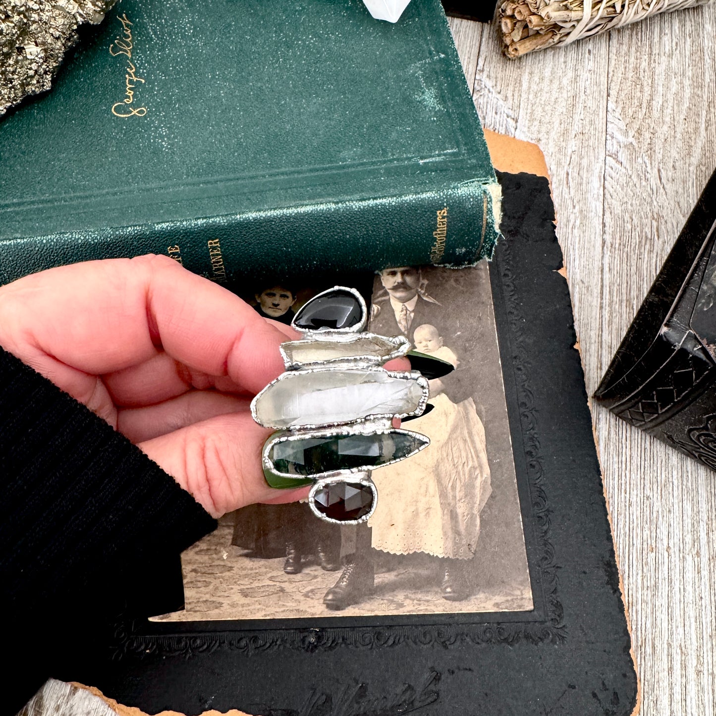 Multi Stone Black Obsidian Smoky Quartz Clear Quartz & Moss Agate Ring In Fine Silver Size 11 / Foxlark Collection