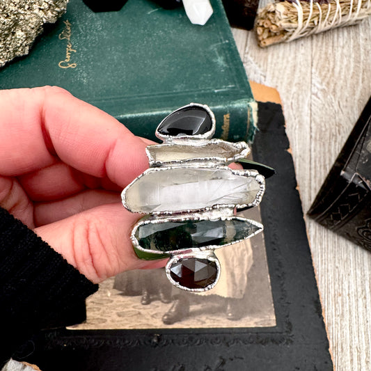 Multi Stone Black Obsidian Smoky Quartz Clear Quartz & Moss Agate Ring In Fine Silver Size 11 / Foxlark Collection