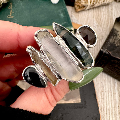 Multi Stone Black Obsidian Smoky Quartz Clear Quartz & Moss Agate Ring In Fine Silver Size 11 / Foxlark Collection