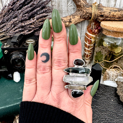 Multi Stone Black Obsidian Smoky Quartz Clear Quartz & Moss Agate Ring In Fine Silver Size 11 / Foxlark Collection
