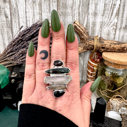 Multi Stone Black Obsidian Smoky Quartz Clear Quartz & Moss Agate Ring In Fine Silver Size 11 / Foxlark Collection