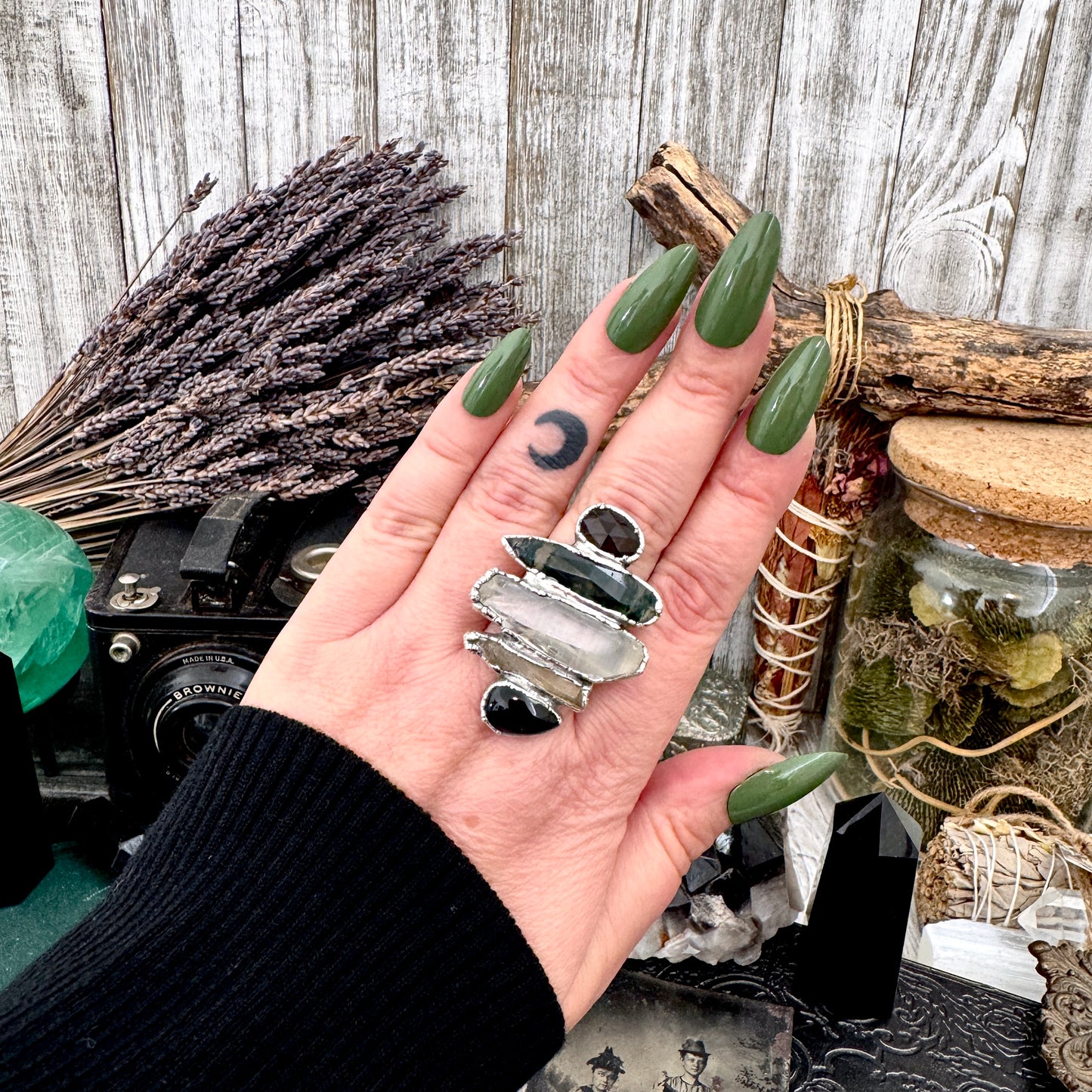 Multi Stone Black Obsidian Smoky Quartz Clear Quartz & Moss Agate Ring In Fine Silver Size 11 / Foxlark Collection