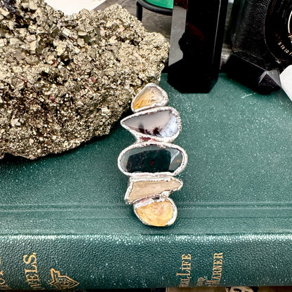 Multi Stone Citrine Dendritic Agate Bloodstone & Clear Quartz  Ring In Fine Silver Size 7 / Foxlark Collection