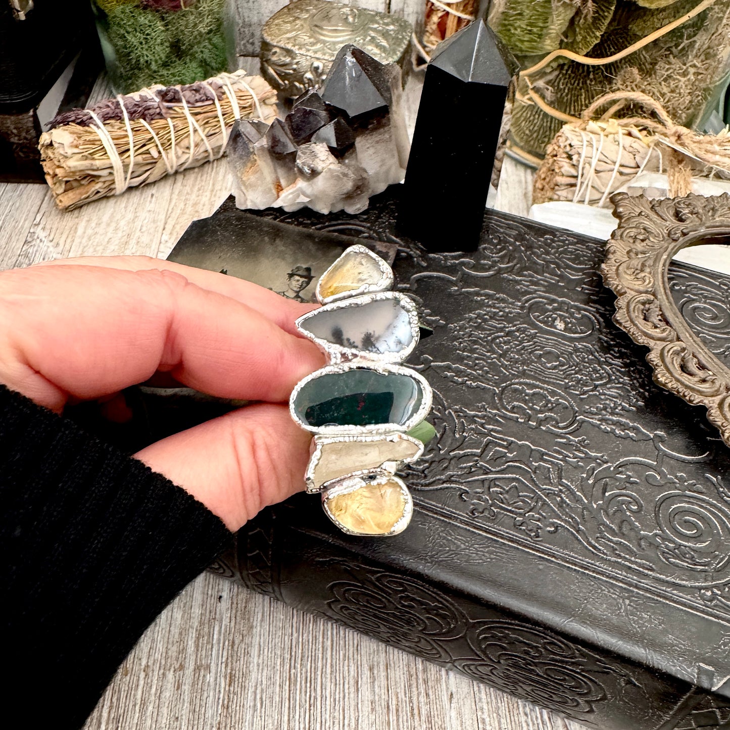 Multi Stone Citrine Dendritic Agate Bloodstone & Clear Quartz  Ring In Fine Silver Size 7 / Foxlark Collection