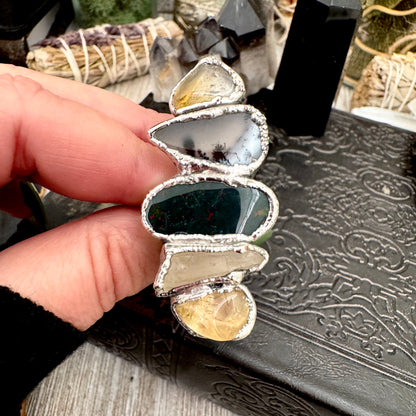 Multi Stone Citrine Dendritic Agate Bloodstone & Clear Quartz  Ring In Fine Silver Size 7 / Foxlark Collection