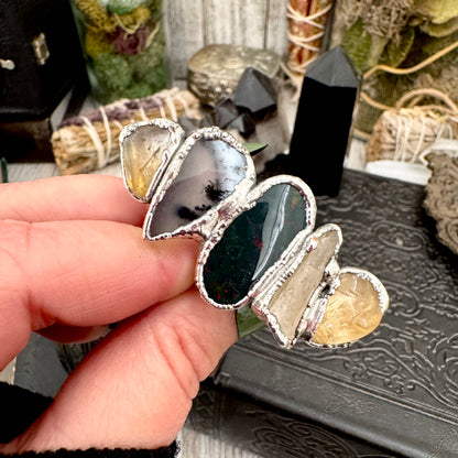 Multi Stone Citrine Dendritic Agate Bloodstone & Clear Quartz  Ring In Fine Silver Size 7 / Foxlark Collection
