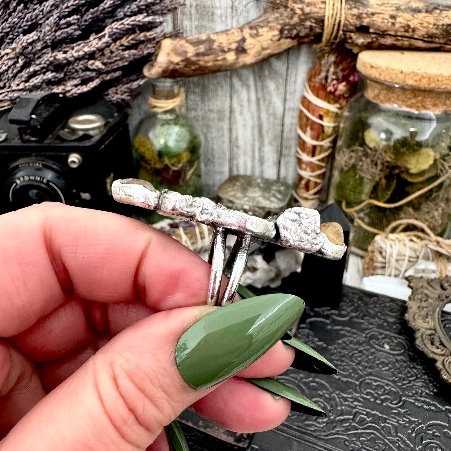 Multi Stone Citrine Dendritic Agate Bloodstone & Clear Quartz  Ring In Fine Silver Size 7 / Foxlark Collection