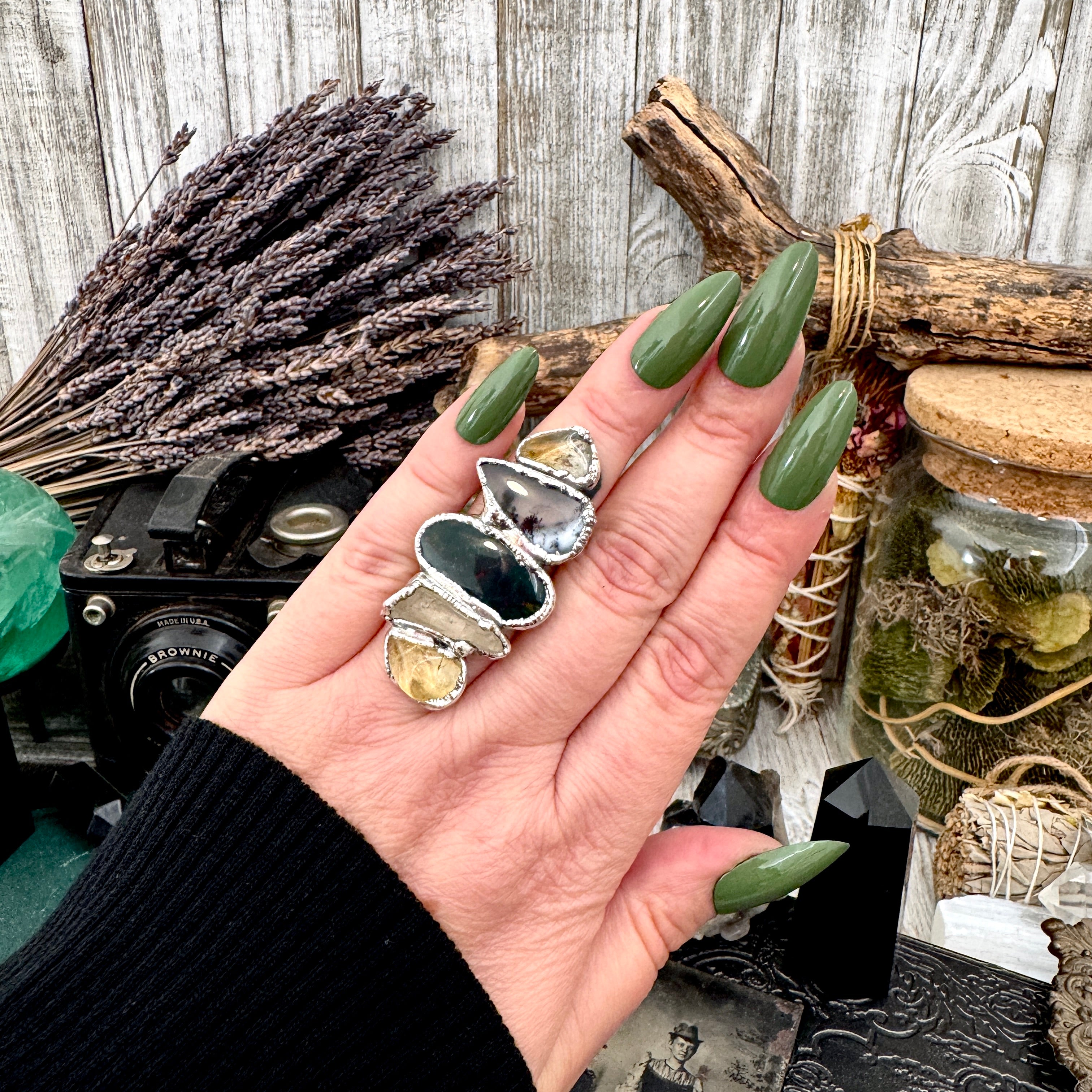 Multi Stone Citrine Dendritic Agate Bloodstone & Clear Quartz Ring In ...