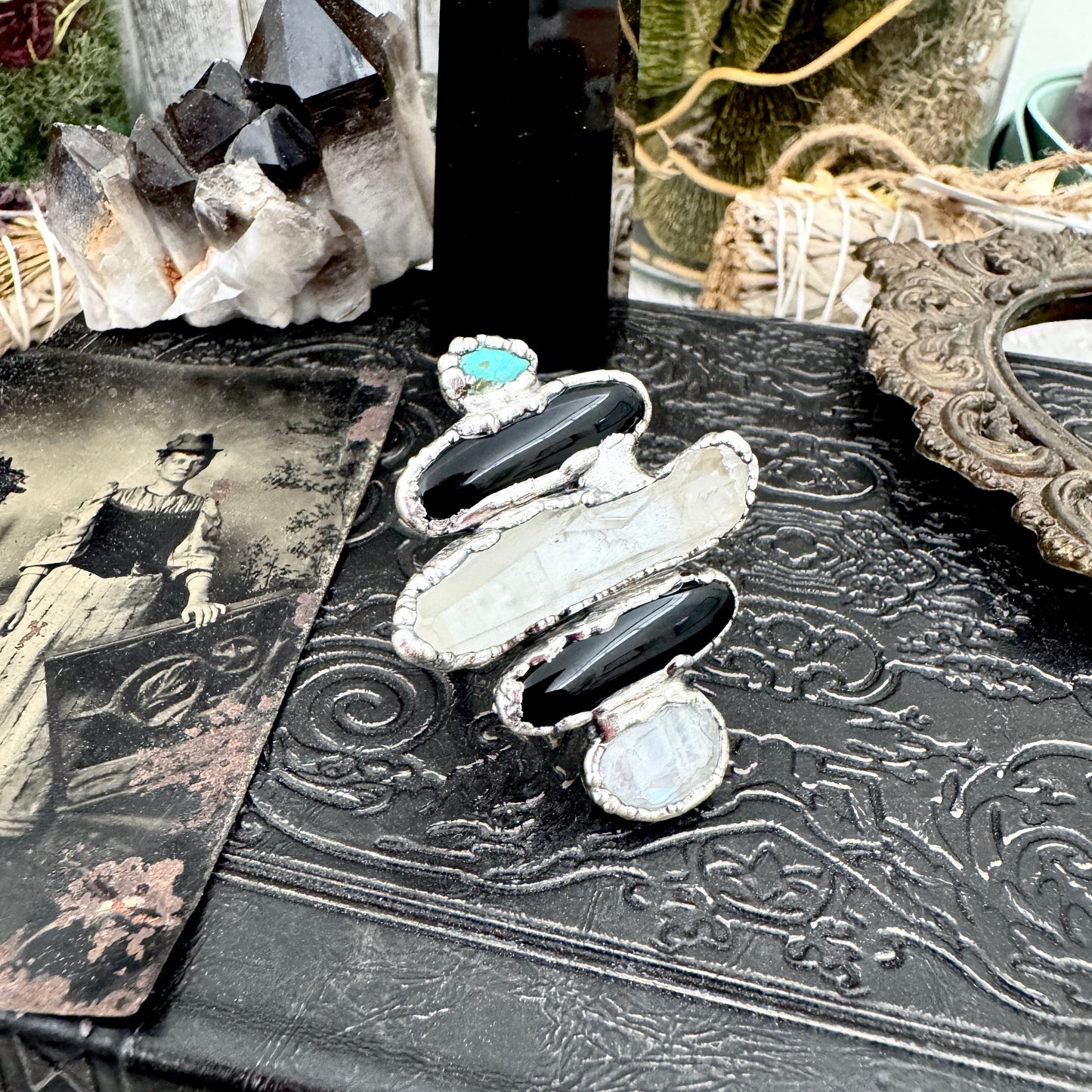 Multi Stone Turquoise Black Onyx Clear Quartz & Rainbow Moonstone Ring In Fine Silver Size 10 / Foxlark Collection