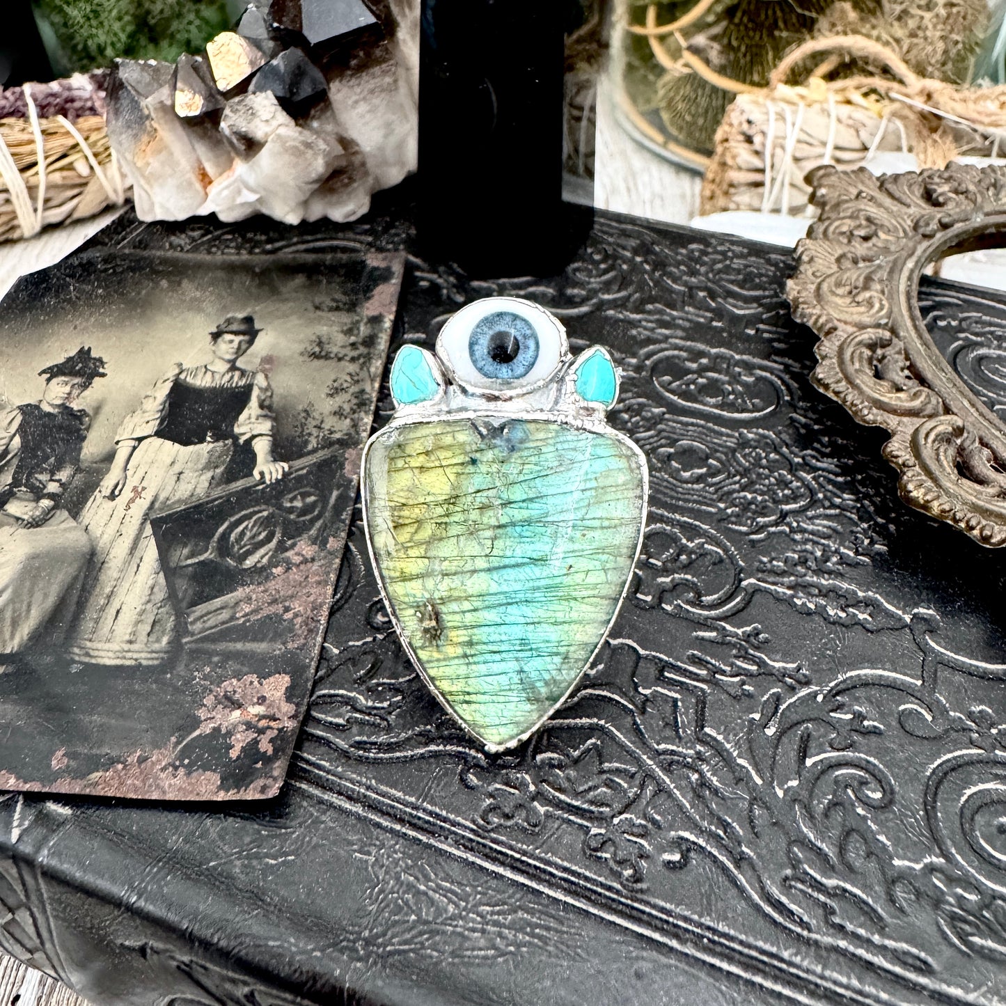 Multi Stone Turquoise Glass Eye  & Labradorite  Ring In Fine Silver Size 9 / Foxlark Collection