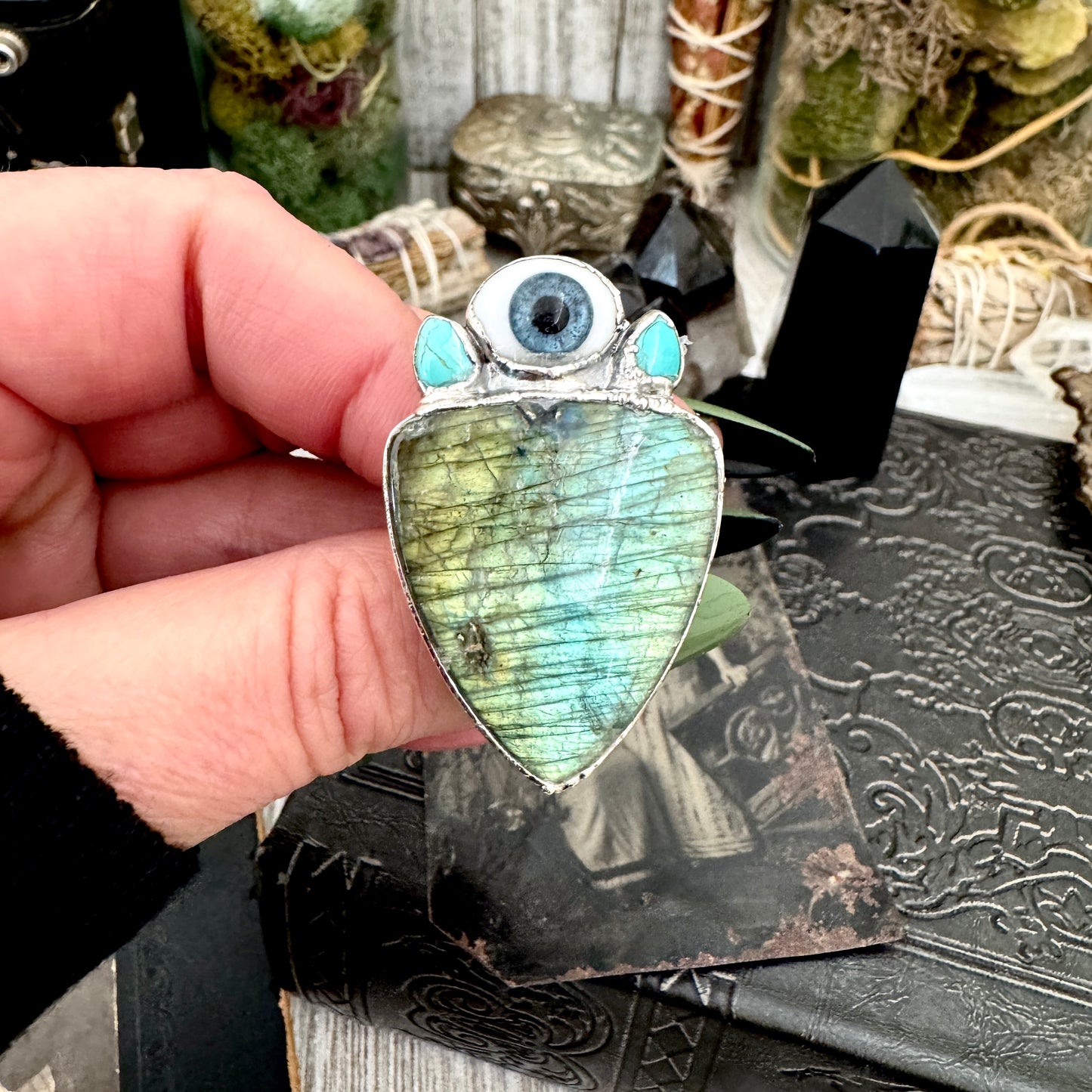 Multi Stone Turquoise Glass Eye  & Labradorite  Ring In Fine Silver Size 9 / Foxlark Collection