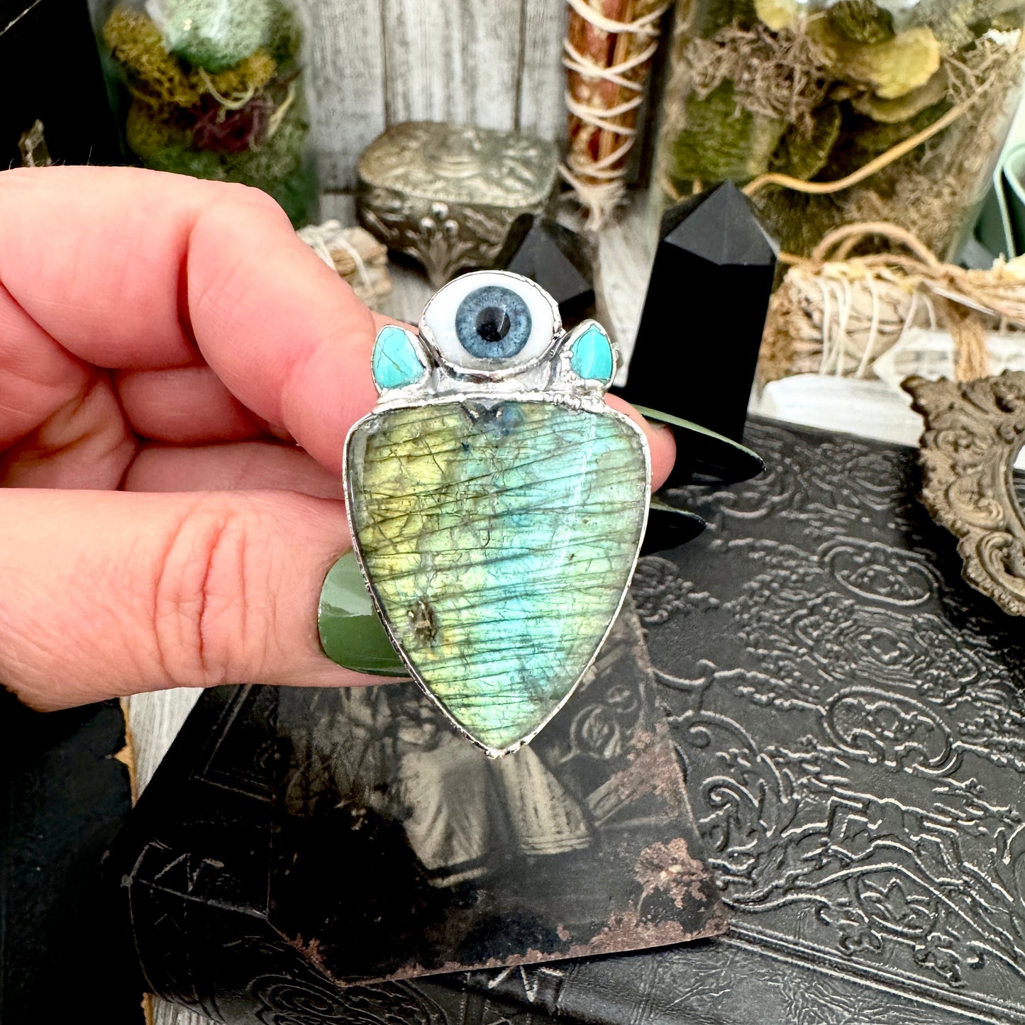 Multi Stone Turquoise Glass Eye  & Labradorite  Ring In Fine Silver Size 9 / Foxlark Collection