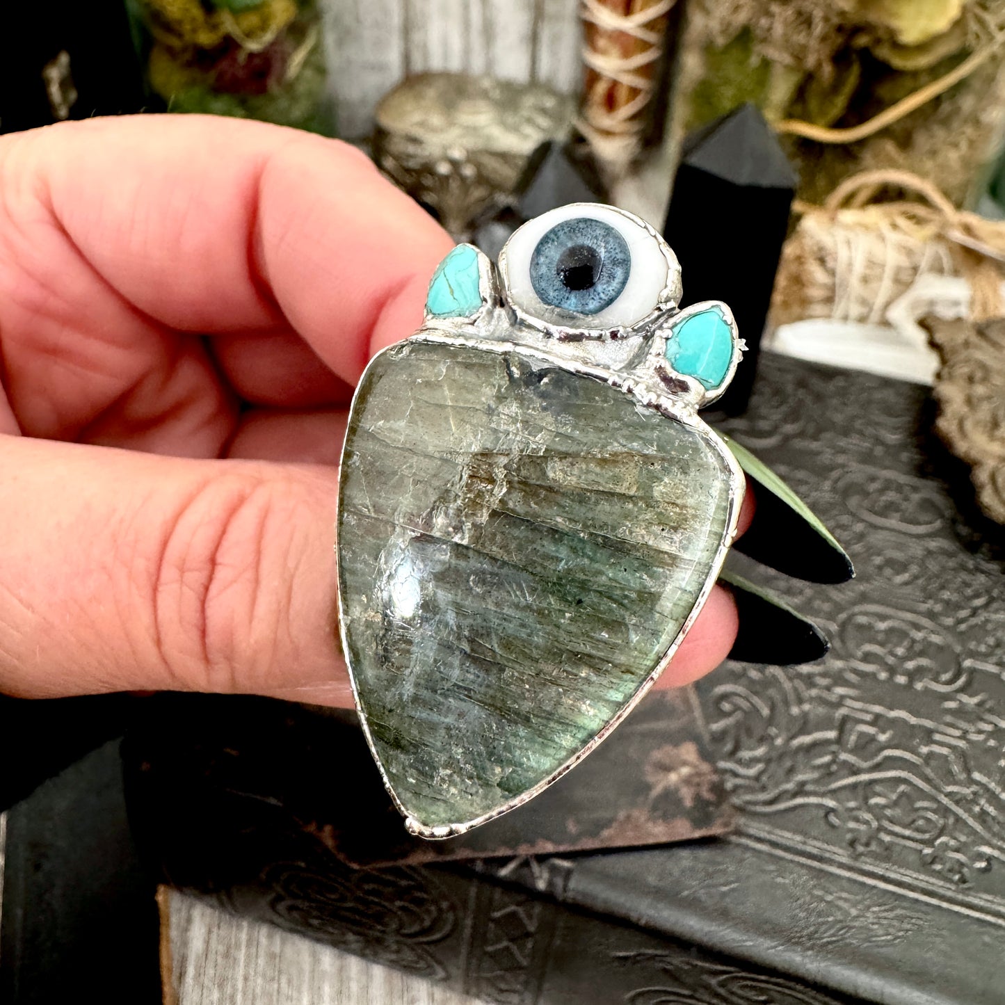 Multi Stone Turquoise Glass Eye  & Labradorite  Ring In Fine Silver Size 9 / Foxlark Collection