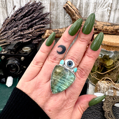 Multi Stone Turquoise Glass Eye  & Labradorite  Ring In Fine Silver Size 9 / Foxlark Collection