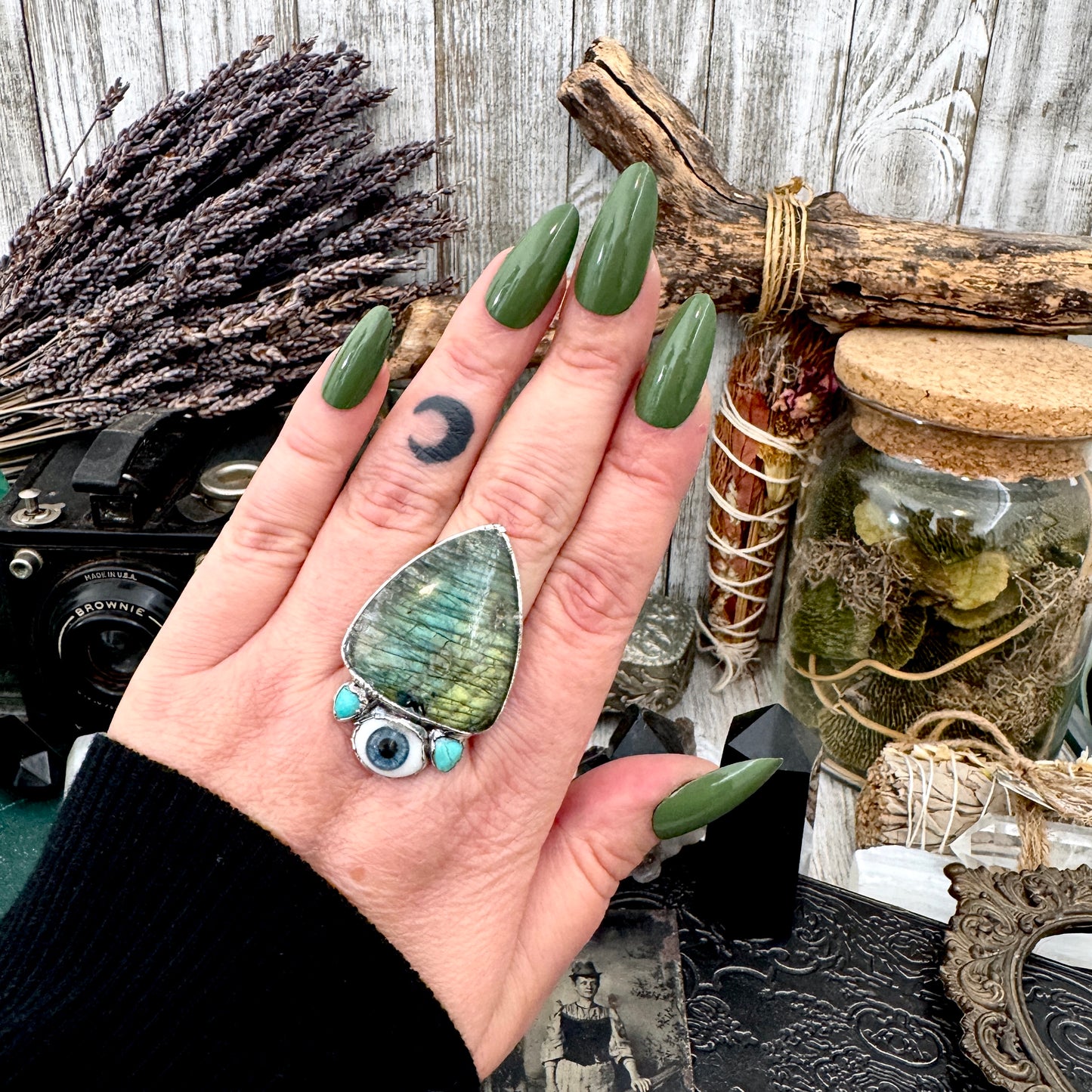 Multi Stone Turquoise Glass Eye  & Labradorite  Ring In Fine Silver Size 9 / Foxlark Collection