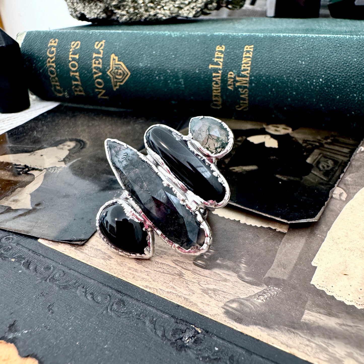 Multi Stone Obsidian Moss Agate & Black Onyx  Ring In Fine Silver Size 7 / Foxlark Collection