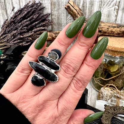 Multi Stone Obsidian Moss Agate & Black Onyx  Ring In Fine Silver Size 7 / Foxlark Collection