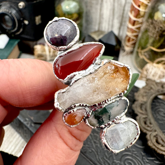 Multi Stone Rainbow Moonstone Moss Agate Citrine Carnelian & Star Ruby Ring In Fine Silver Size 8 / Foxlark Collection