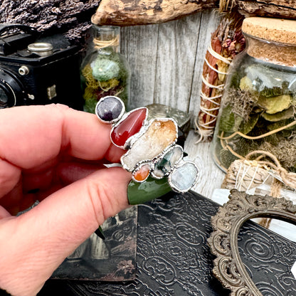 Multi Stone Rainbow Moonstone Moss Agate Citrine Carnelian & Star Ruby Ring In Fine Silver Size 8 / Foxlark Collection