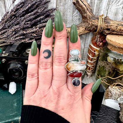 Multi Stone Rainbow Moonstone Moss Agate Citrine Carnelian & Star Ruby Ring In Fine Silver Size 8 / Foxlark Collection