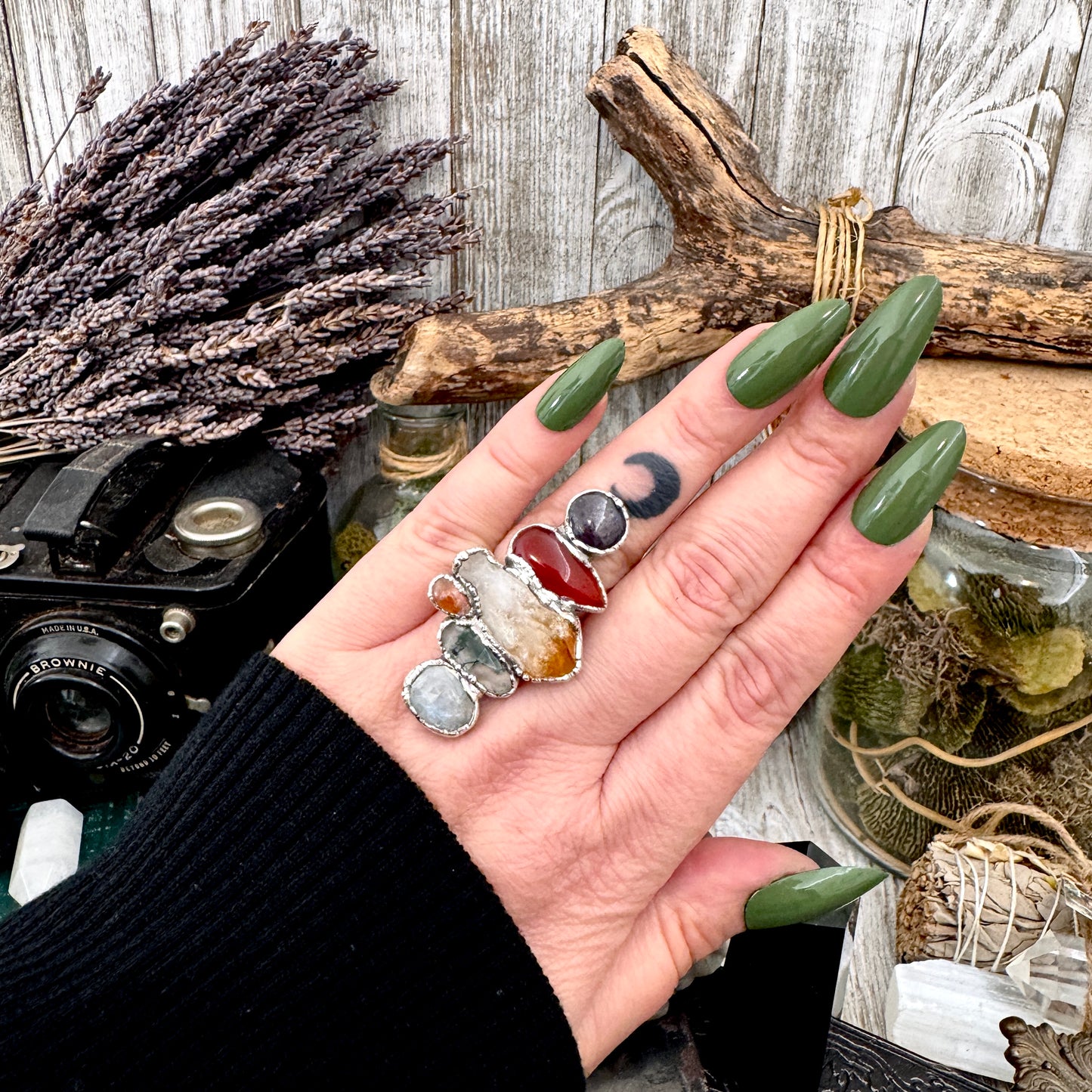 Multi Stone Rainbow Moonstone Moss Agate Citrine Carnelian & Star Ruby Ring In Fine Silver Size 8 / Foxlark Collection
