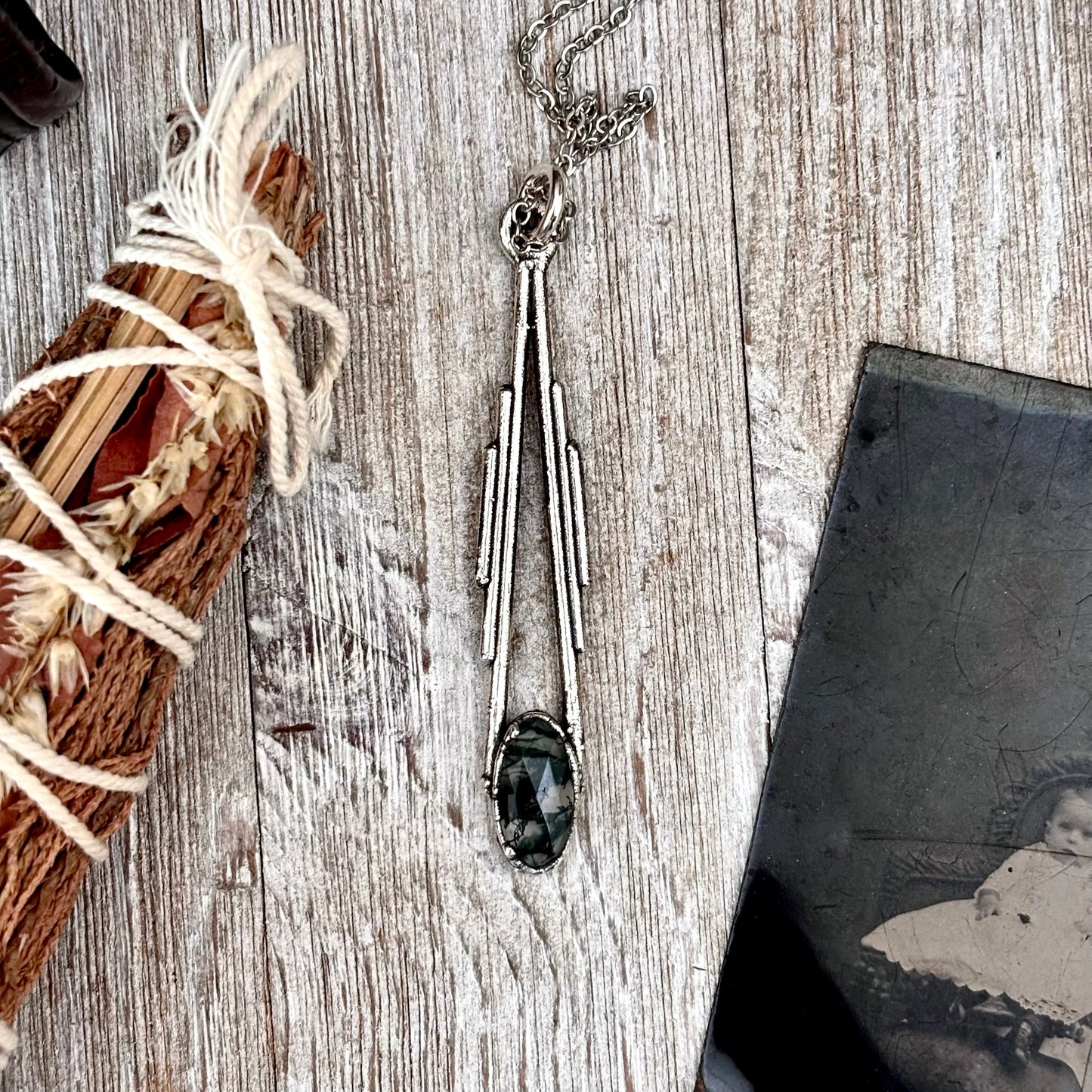 Moss Agate Crystal Necklace in Fine Silver / Foxlark Collection - One of a Kind