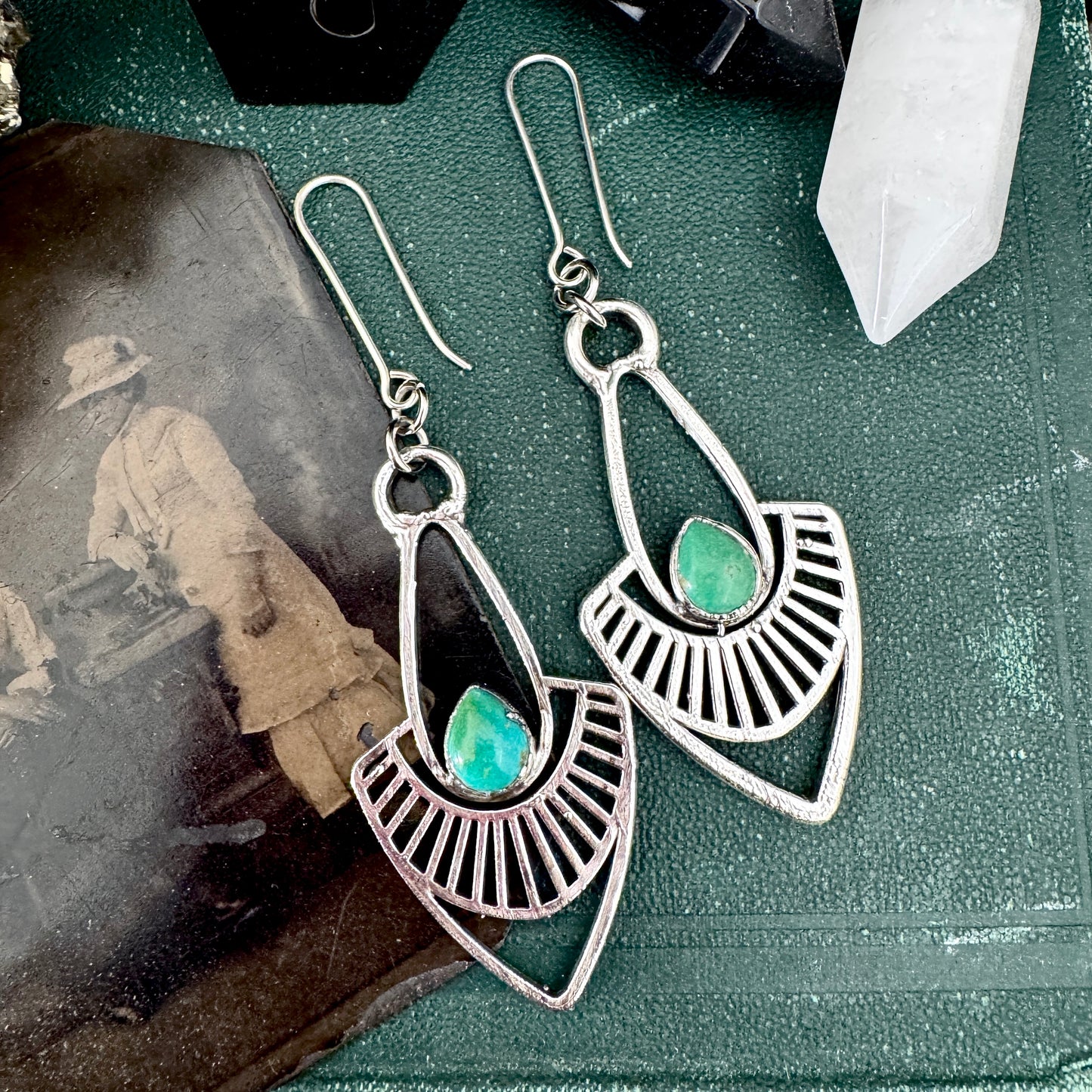 Tibetan Turquoise Long Dangle Drop Earrings in Fine Silver