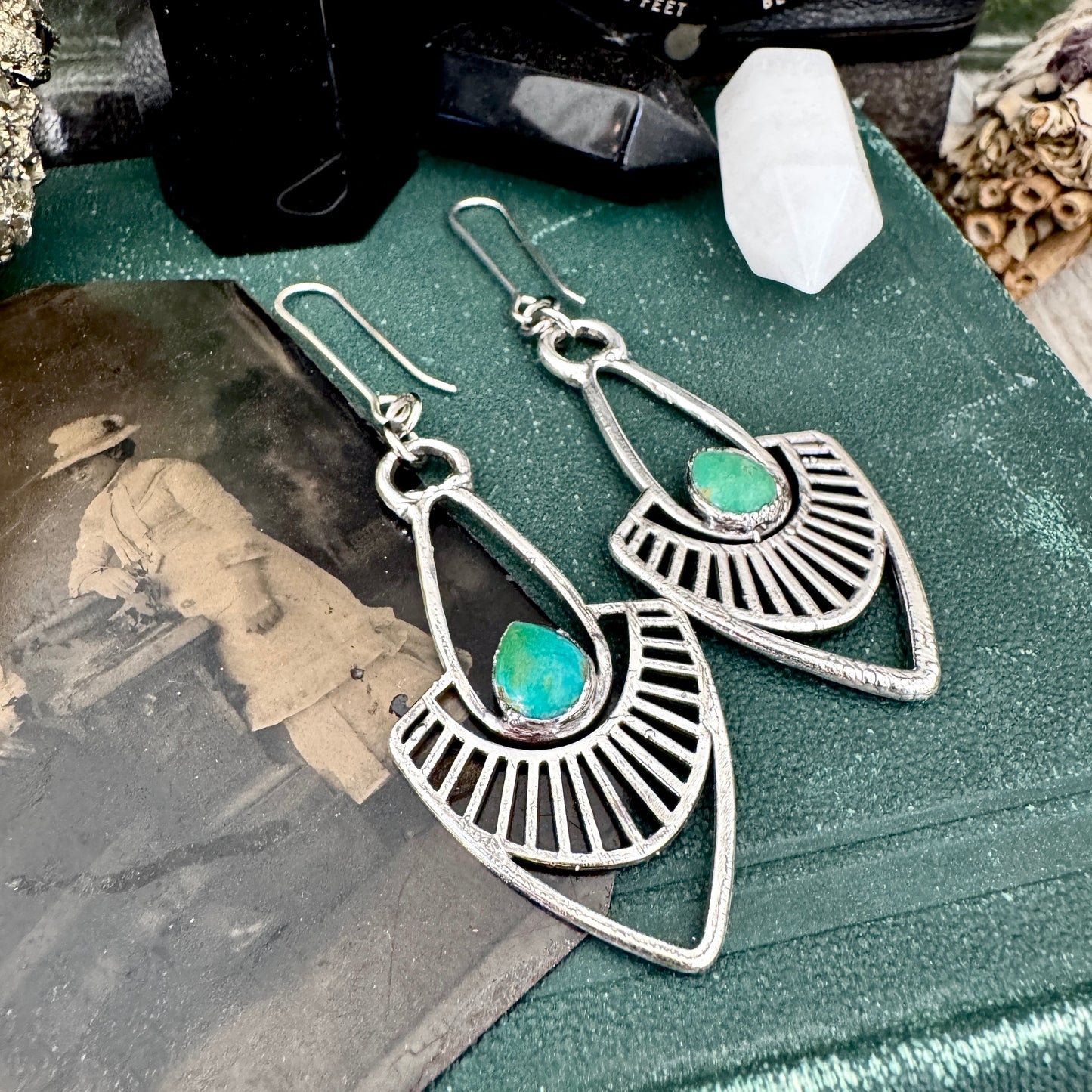 Tibetan Turquoise Long Dangle Drop Earrings in Fine Silver