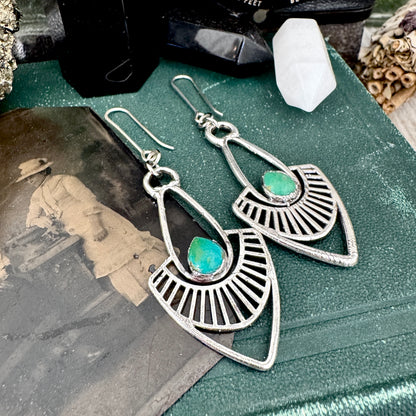 Tibetan Turquoise Long Dangle Drop Earrings in Fine Silver