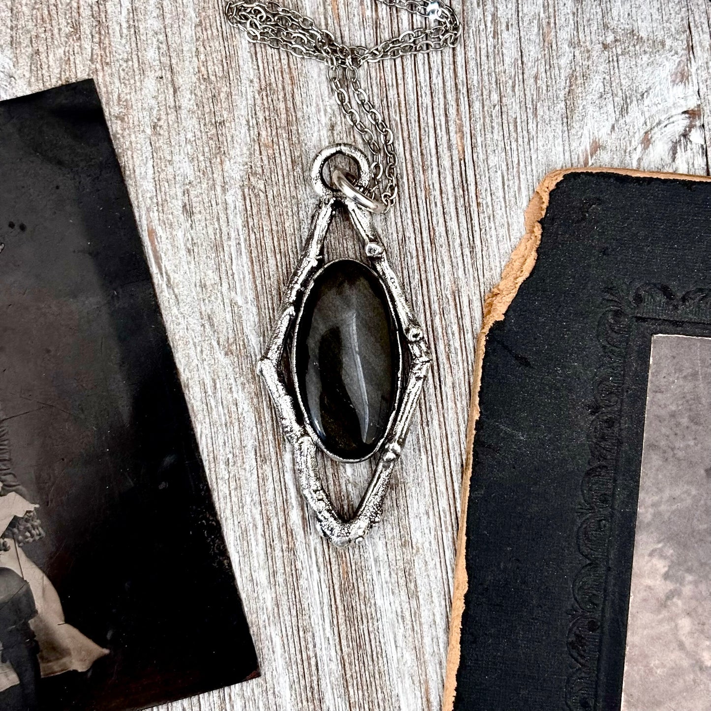 Gold Sheen Obsidian Crystal Necklace in Silver /Sticks & Stones Collection