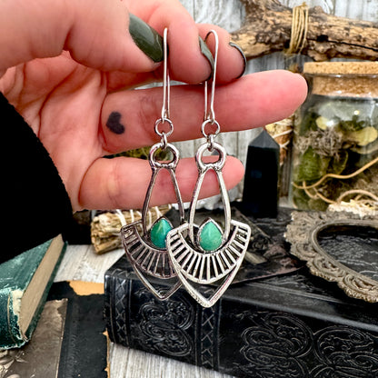 Tibetan Turquoise Long Dangle Drop Earrings in Fine Silver