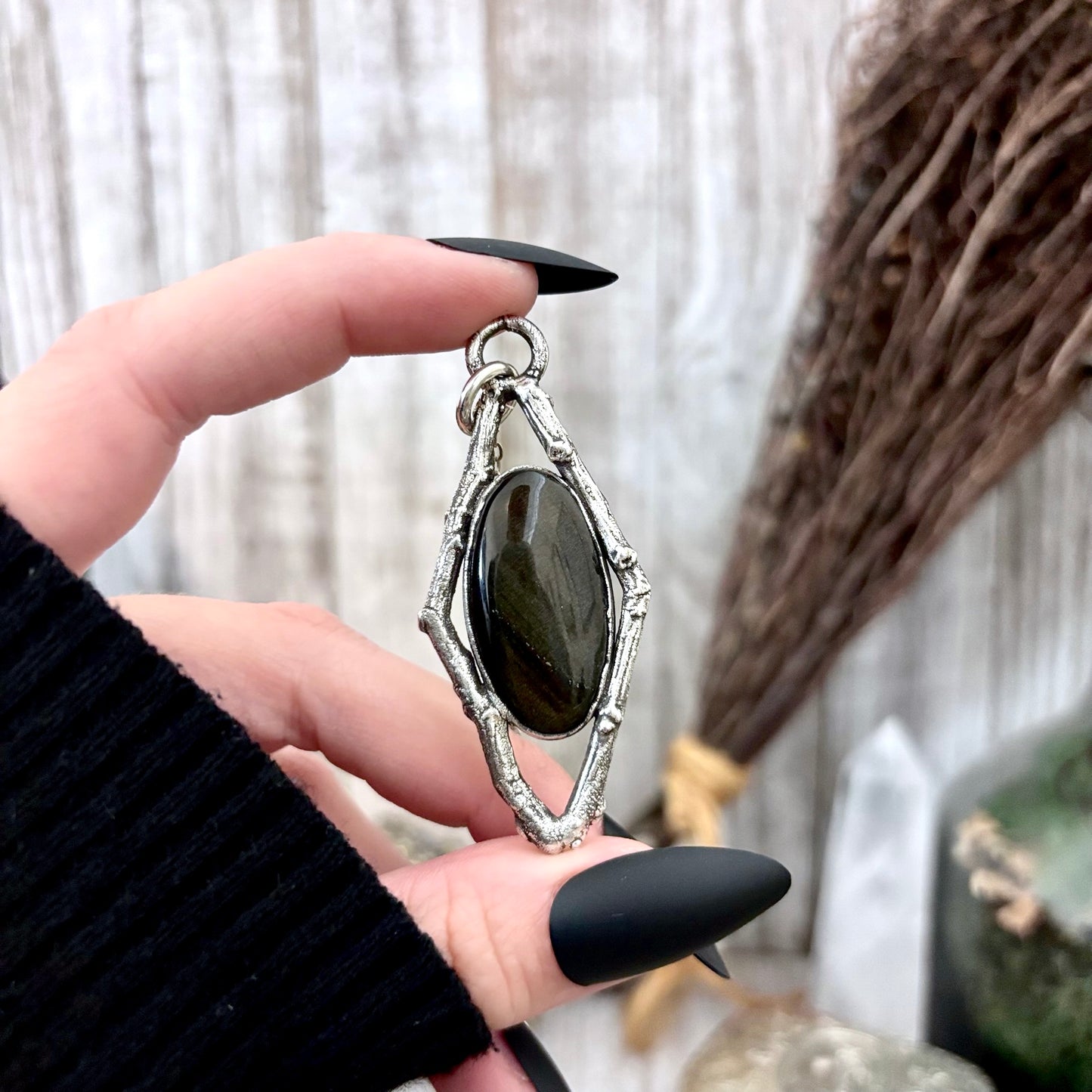 Gold Sheen Obsidian Crystal Necklace in Silver /Sticks & Stones Collection