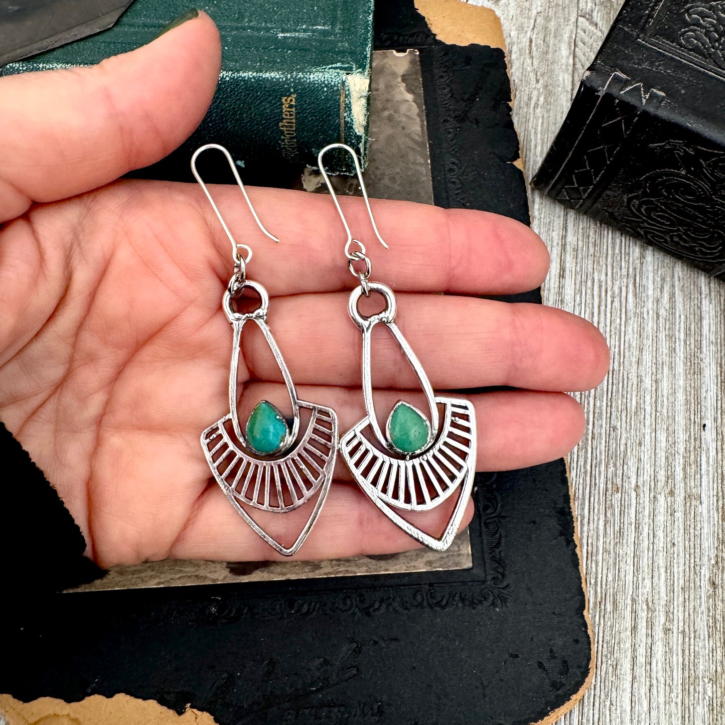 Tibetan Turquoise Long Dangle Drop Earrings in Fine Silver