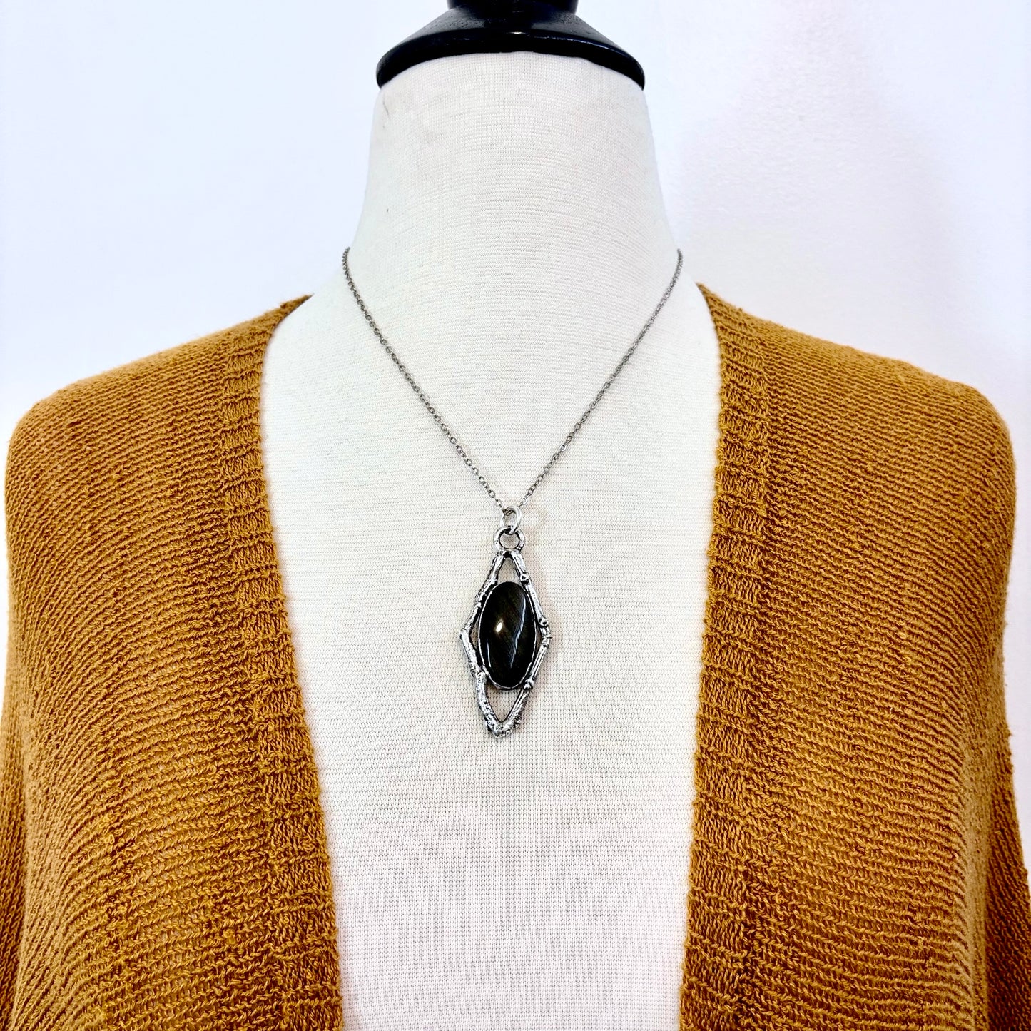 Gold Sheen Obsidian Crystal Necklace in Silver /Sticks & Stones Collection
