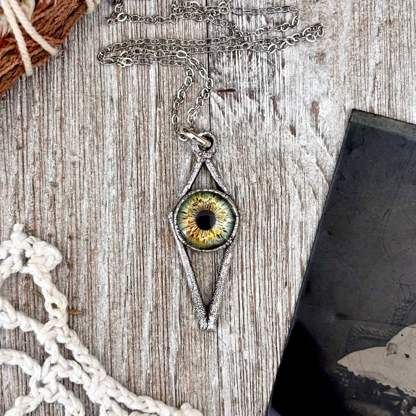Green Eyeball Necklace Fine Silver / Foxlark Collection - One of a Kind