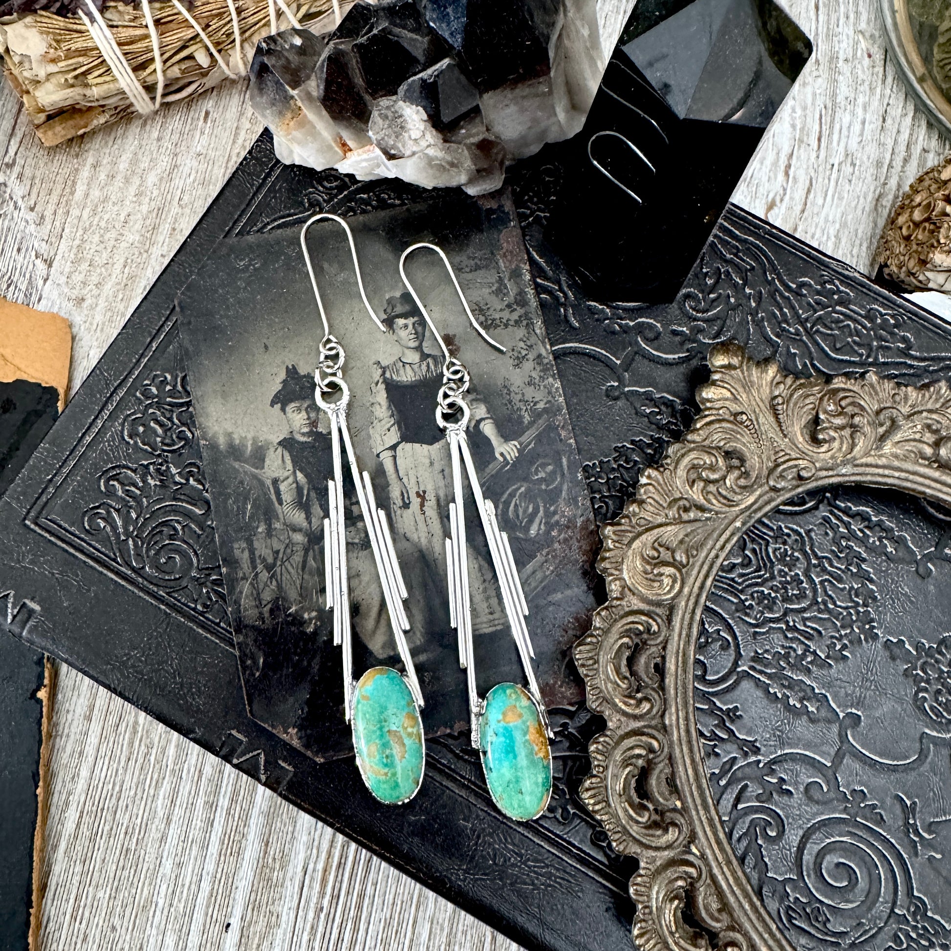 Tibetan Turquoise Long Dangle Drop Earrings in Fine Silver FOXLARK